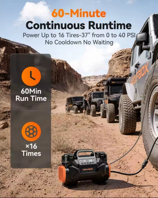 Durability infographic showing a convoy of Jeeps and RVs serviced by the WOLFBOX 60D's 60-minute continuous runtime