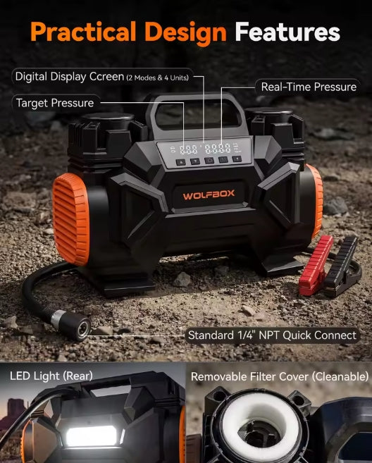 Detailed product callouts showing WOLFBOX 60D controls, digital gauge, LED light, and battery clamps