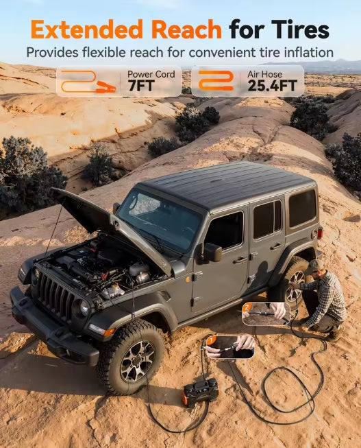 Overlander scene showing WOLFBOX HyperFlow60D with extended hose reaching a Jeep Wrangler tire