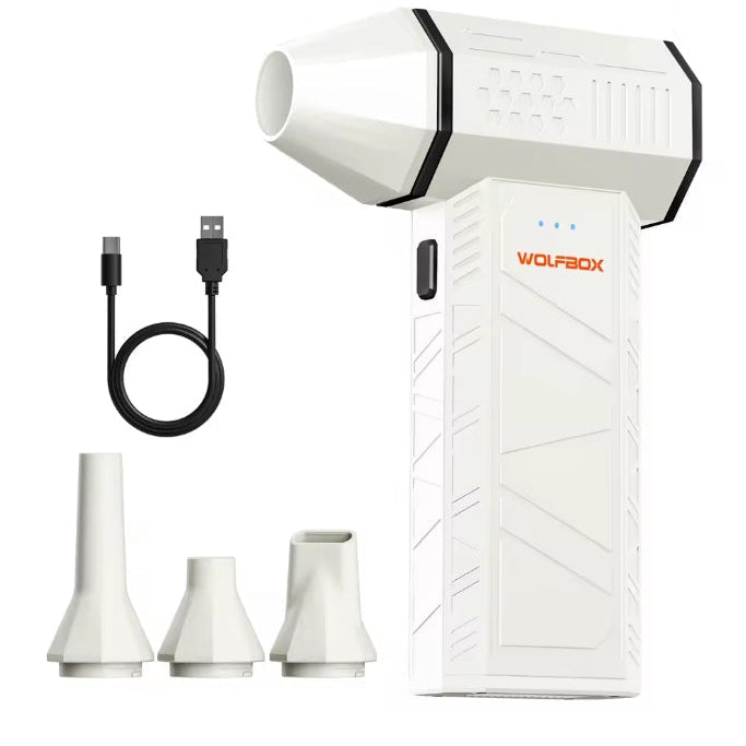 WOLFBOX DF50 Wireless Air Duster with USB-C cable and 3 interchangeable precision nozzles on white background 