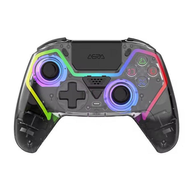 Wireless transparent RGB gaming controller with illuminated thumbsticks and ergonomic grip design
