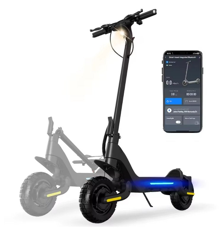 Electric scooter with smartphone displaying app interface on a white background