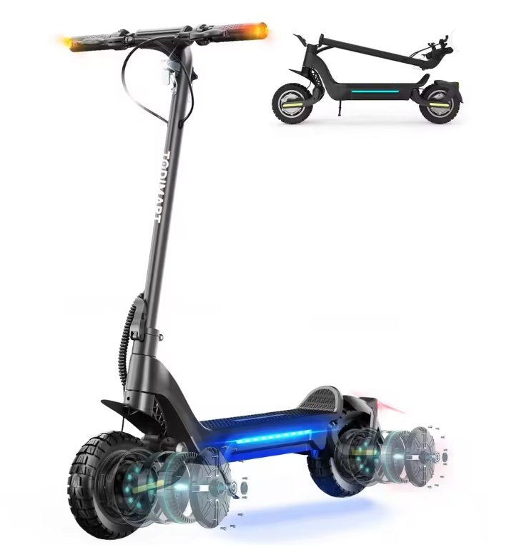 Electric scooter with detailed view of components on a white background and a small insert of showing the E-Scooter folded