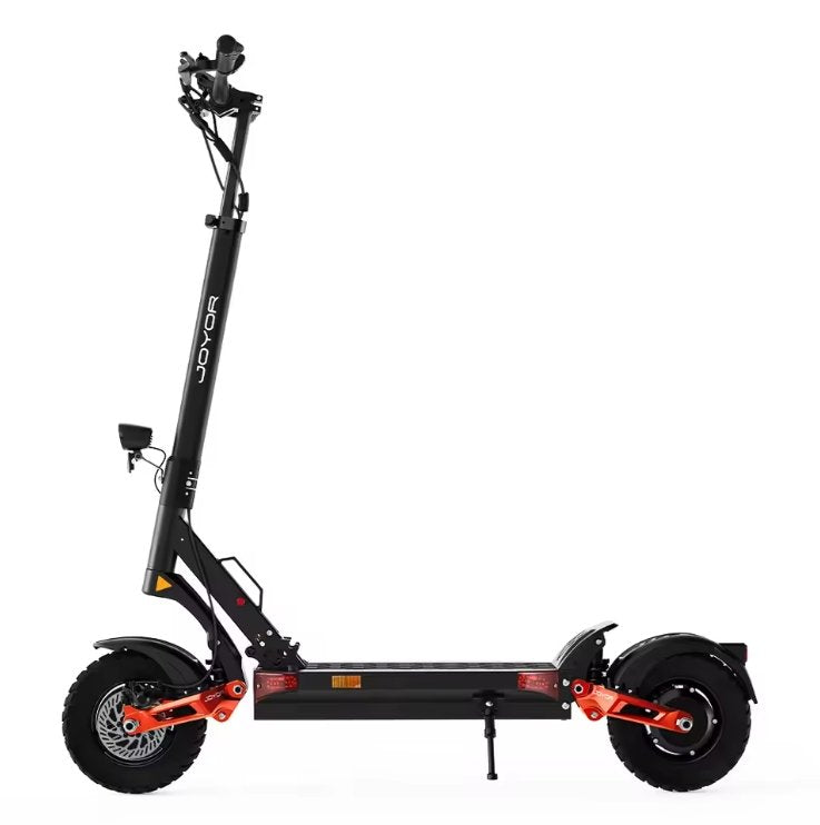 Black electric scooter side image with orange accents on a white background