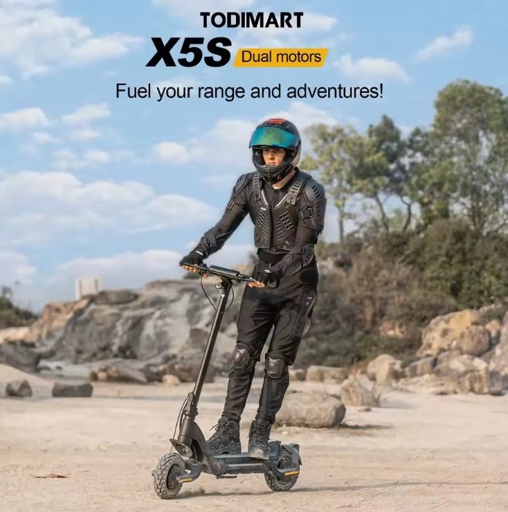 Person riding a Todimart X5S dual motors electric scooter in an outdoor setting.