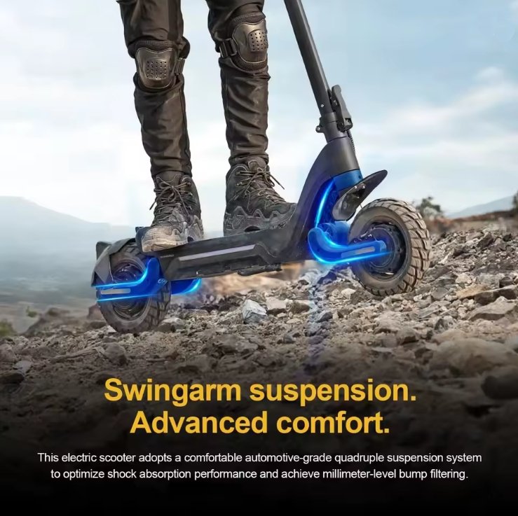Electric scooter with swingarm suspension on a rocky terrain, featuring text about comfort and suspension system.