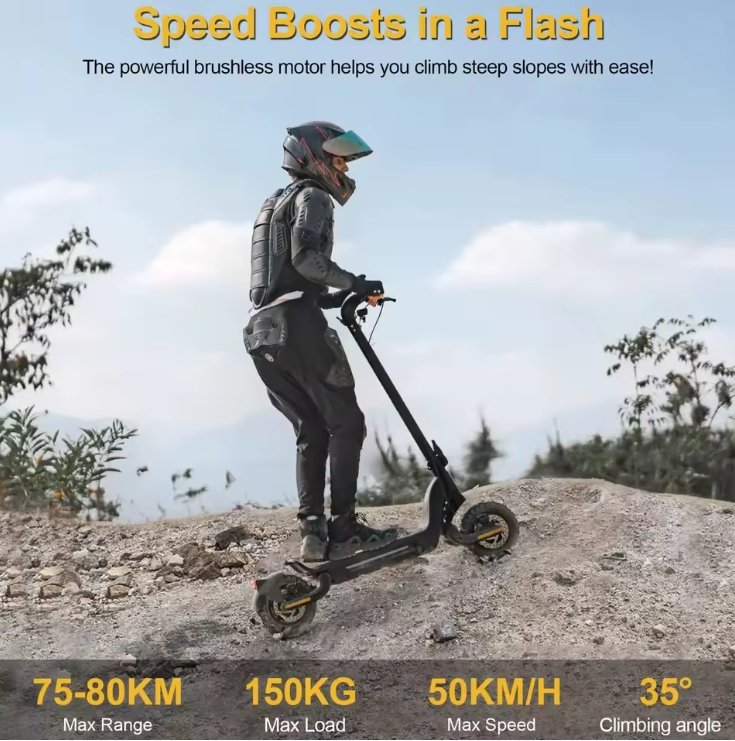 Person riding an electric scooter on a rocky trail with promotional text about speed boosts and features.