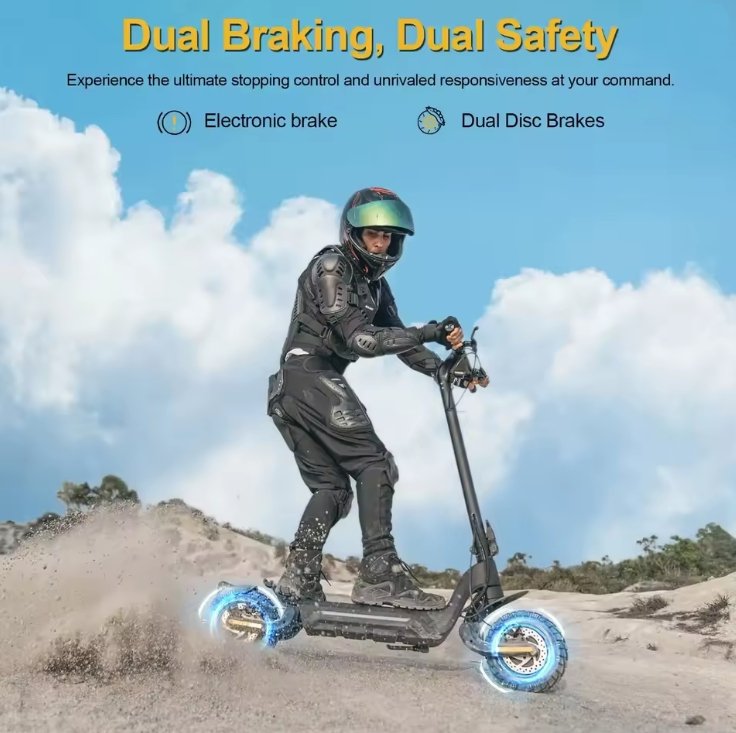 Person riding a scooter with dual braking system against a cloudy sky