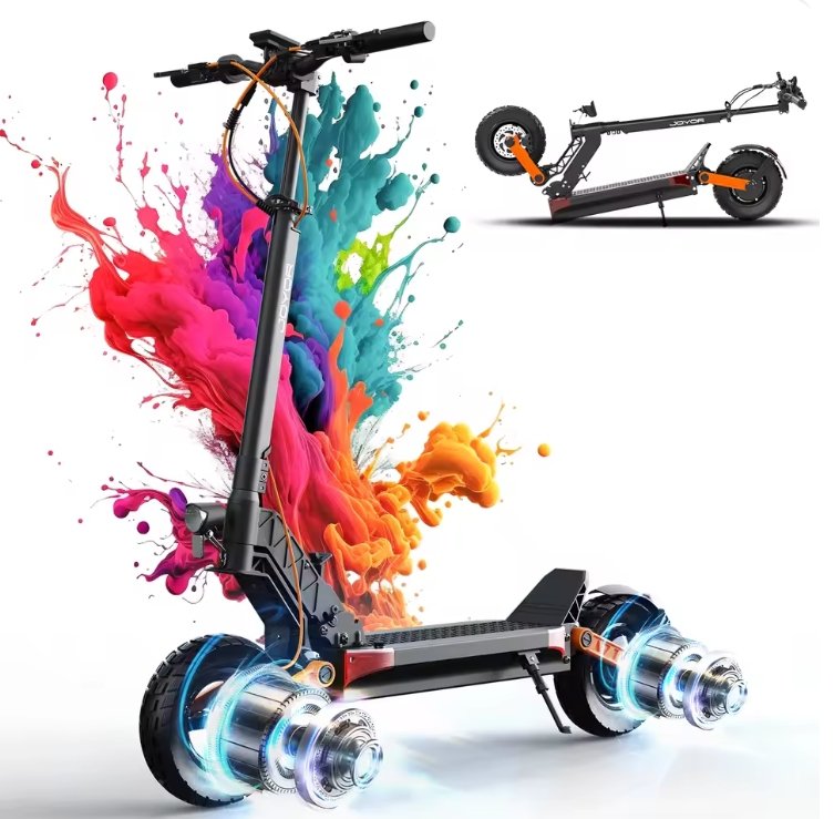 Joyor S10-S-Z Adult E-scooter with colorful paint splashes on a white background