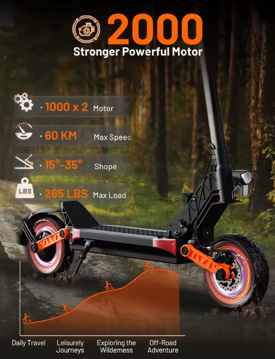Electric scooter with specifications on a forest background
