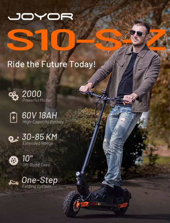 Man riding a Joyor S10-S-Z electric scooter with product features displayed.