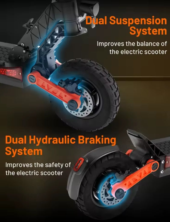 Electric scooter with dual suspension and braking system highlighted on a dark background