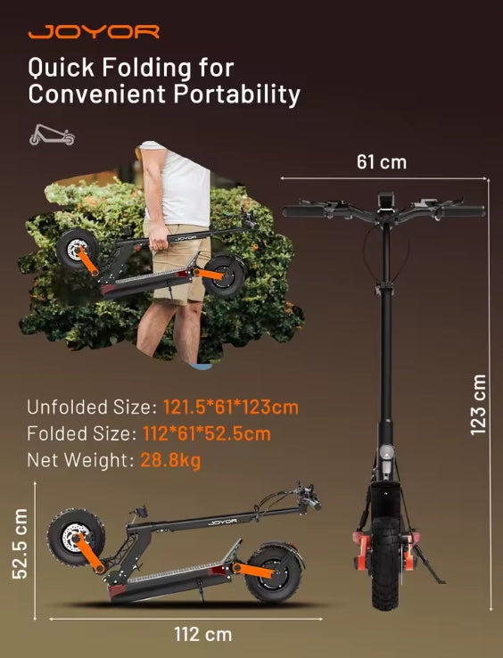 Joyor electric scooter with folding feature, unfolded and folded dimensions displayed.