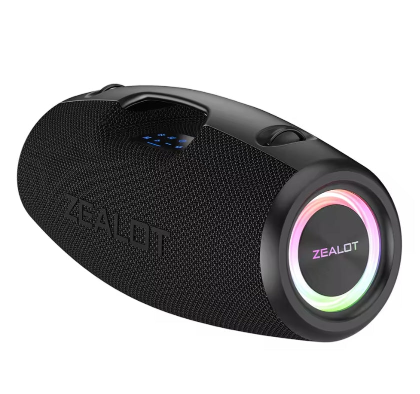 A black Zealot portable Bluetooth portable speaker with a textured fabric grille, featuring a circular speaker grille on the front with a colorful RGB light ring.