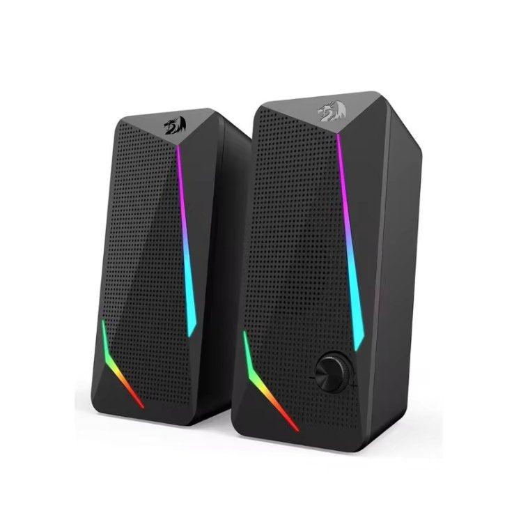 A pair of black rectangular computer speakers with RGB rainbow LED light accents, shown on a clean white background.