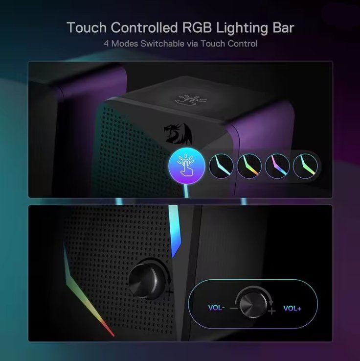 Touch controlled RGB lighting bar shown in a dark promotional graphic with close-up views of the device, touch control icons, and volume controls. Text at the top reads 'Touch Controlled RGB Lighting Bar' and '4 Modes Switchable via Touch Control'.
