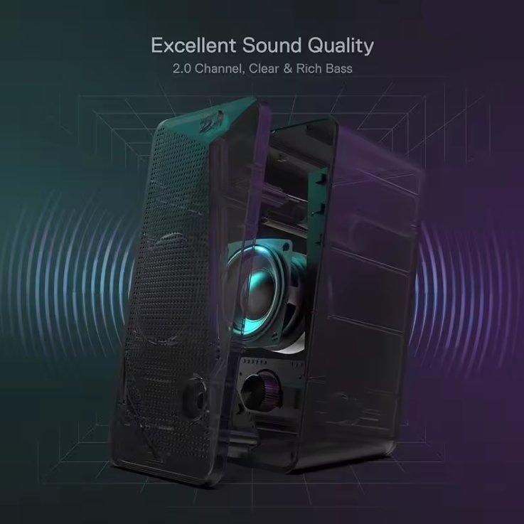 A 2.0 channel portable speaker shown in an exploded view to highlight its internal design and sound quality.