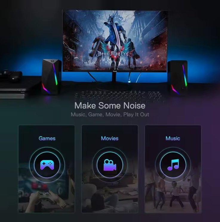 A dark-themed promotional graphic showing a large TV or monitor on a desk with glowing RGB speakers on both sides, plus three feature panels below labeled Games, Movies, and Music with icons for a game controller, video camera, and music note. Text in the center reads 'Make Some Noise' and 'Music, Game, Movie, Play It Out.