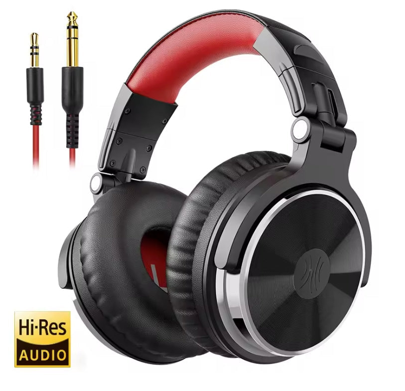 Black and red over-ear headphones with a gold-plated 3.5mm audio jack, shown on a white background with a 'Hi-Res AUDIO' badge.