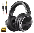 Black over-ear headphones with a glossy circular speaker grille, shown on a white background with an included red-and-gold 3.5mm audio adapter and a Hi-Res Audio badge.