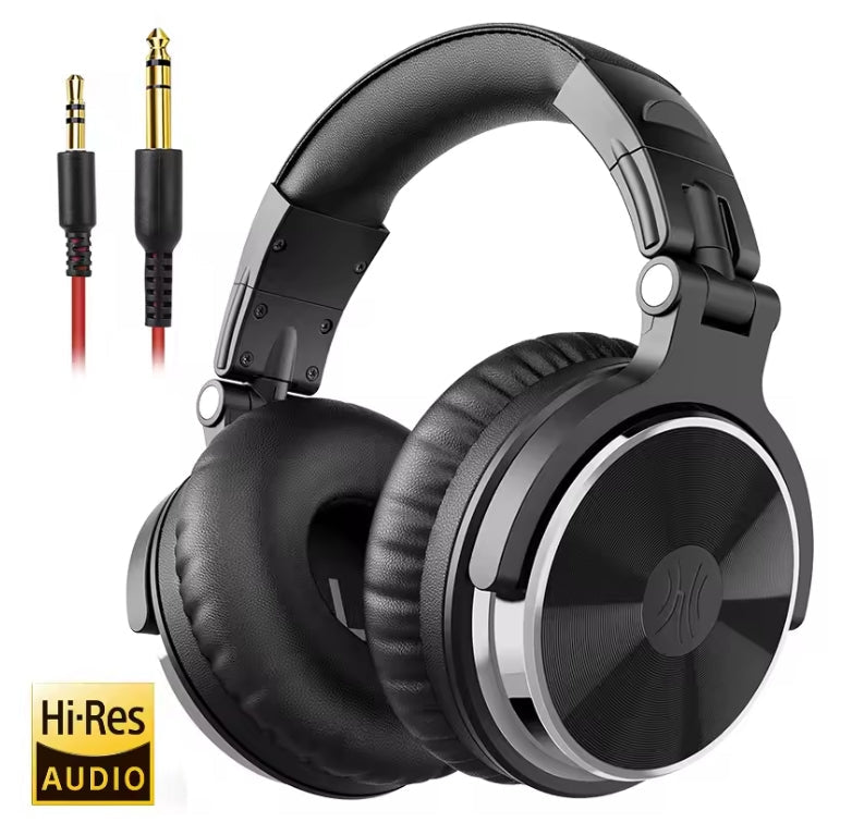 Black over-ear headphones with a glossy circular speaker grille, shown on a white background with an included red-and-gold 3.5mm audio adapter and a Hi-Res Audio badge.