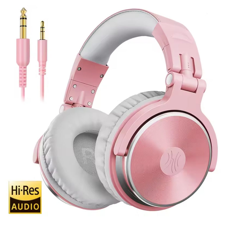 Pink over-ear headphones with light gray cushioning and a gold-plated 3.5mm jack adapter, shown on a white background with a 'Hi-Res AUDIO' badge.