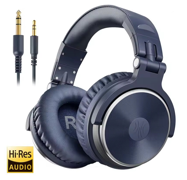 Dark blue over-ear headphones with a 3.5mm to 1/4-inch adapter and a Hi-Res Audio badge, shown on a white background.