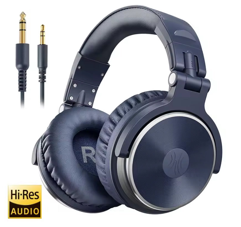 Dark blue over-ear headphones with a pair of gold-plated 3.5mm audio jacks on a white background, featuring a 'Hi-Res AUDIO' badge.