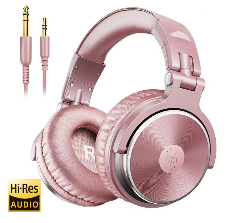 Rose gold over-ear headphones with padded ear cushions and a metallic finish, shown on a white background with two 3.5mm audio jack graphics and a Hi-Res Audio badge.