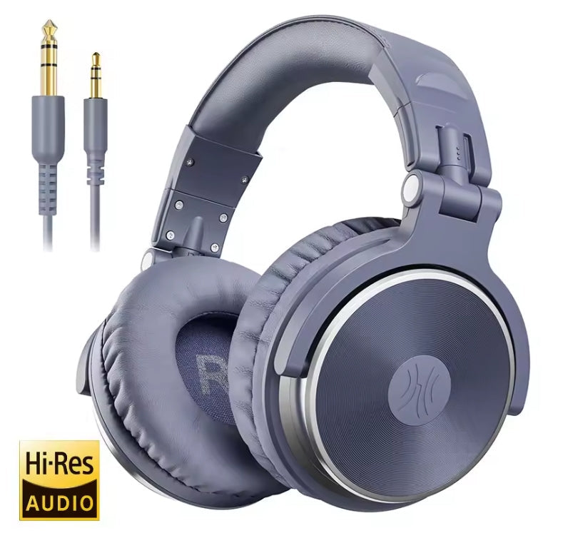 Over-ear headphones in a muted slate gray color with a gold-plated 3.5mm jack and a HiRes Audio badge on a white background.