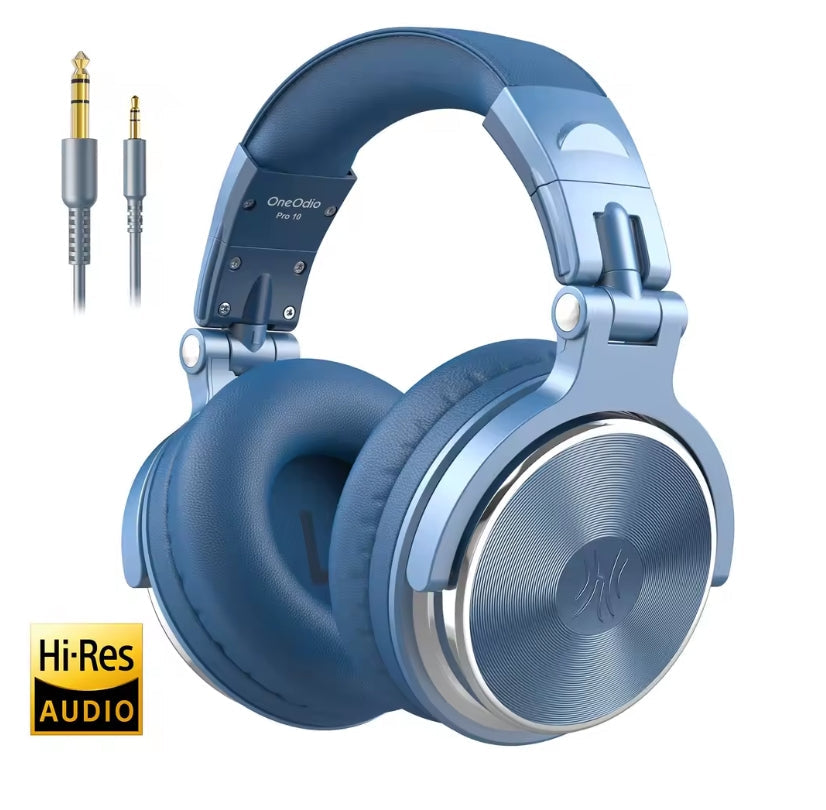 Blue over-ear headphones with silver metallic ear cups and a gold-plated 3.5mm audio jack accessory, shown on a white background with a Hi-Res Audio badge.