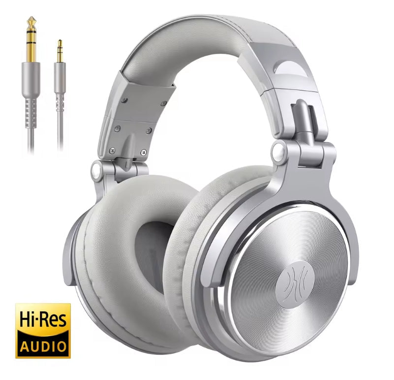 Silver over-ear headphones with light gray cushioned ear pads and a gold-plated 3.5mm jack adapter, shown on a white background with a Hi-Res Audio badge.