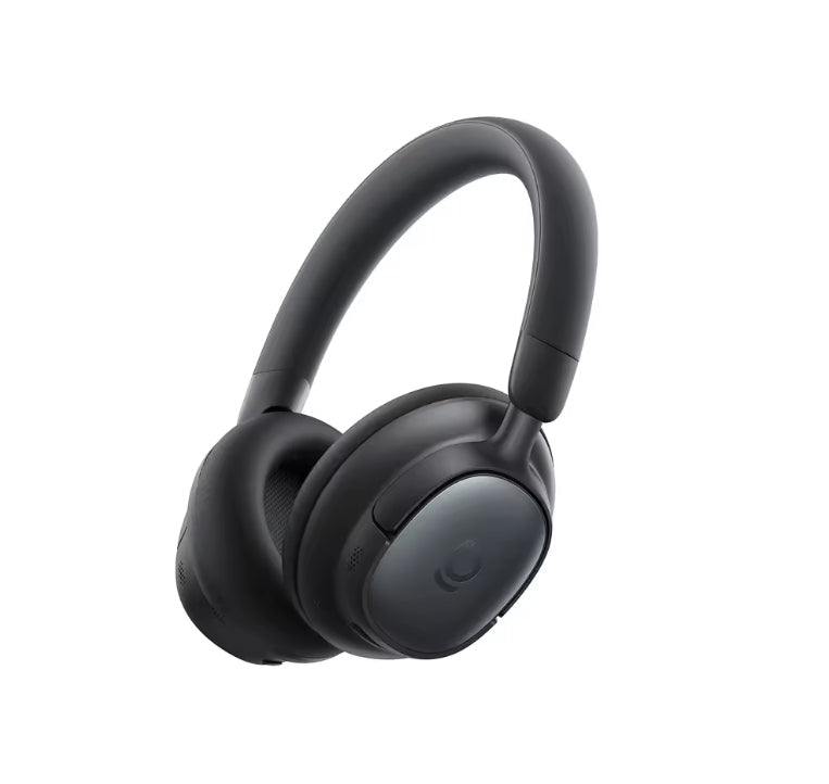 Black over-ear wireless headphones shown at a three-quarter angle on a plain white background.