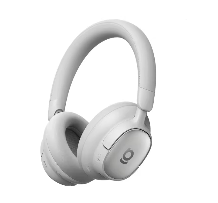 White over-ear wireless headphones with a padded headband and ear cushions, shown at a three-quarter angle on a plain white background.