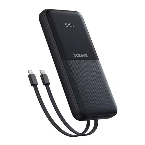 A black Baseus portable power bank with a dual USB-C cable, shown on a clean white background.