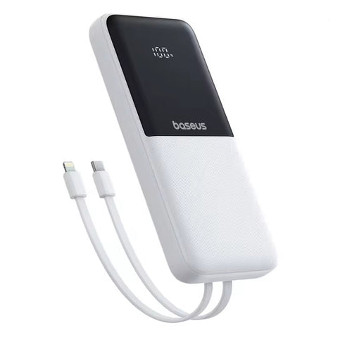 A white Baseus portable power bank with a built-in dual USB-C cable, shown on a clean white background.