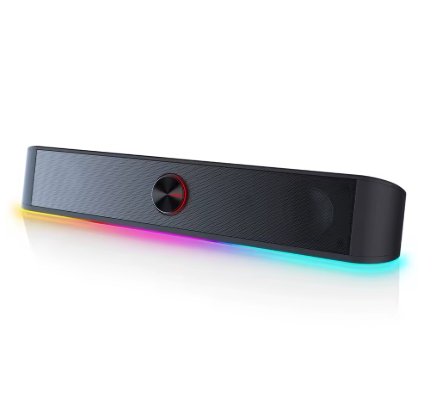 A black rectangular electronic sound bar  with a textured front panel, a circular control button with a red ring, and colorful RGB LED lighting along the bottom edge, shown on a white background.
