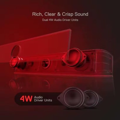 A pair of transparent red audio speaker boxes with two black 4W driver units shown in front, on a dark reflective background with text reading 'Rich, Clear & Crisp Sound' and '4W Audio Driver Units' for this RGB soundbar