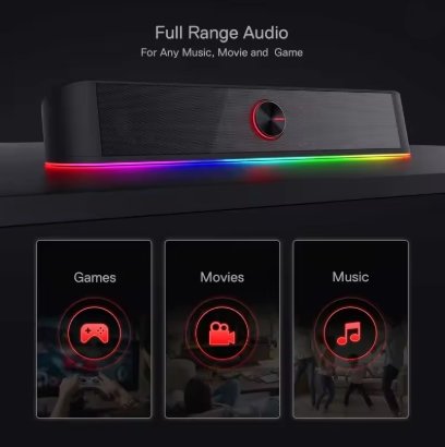 Black sound bar audio device with colorful LED lights on a dark background, featuring icons for games, movies, and music.