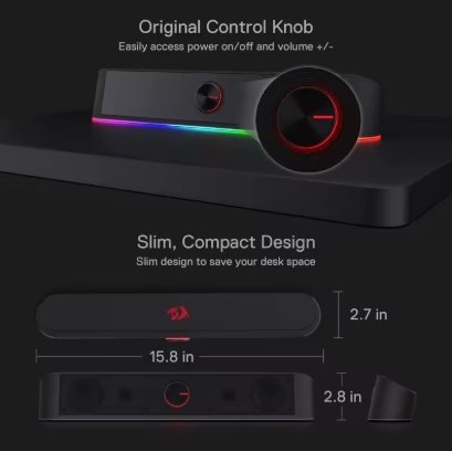 Black sound bar circular original control knob and RGB lighting, shown with dimension measurements and text describing its slim compact design.