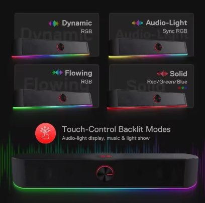 A black rectangular audio bar device shown with four backlit mode options labeled Dynamic RGB, Audio-Light Sync RGB, Flowing RGB, and Solid Red/Green/Blue, plus a touch-control backlit modes section and a larger view of the device at the bottom.