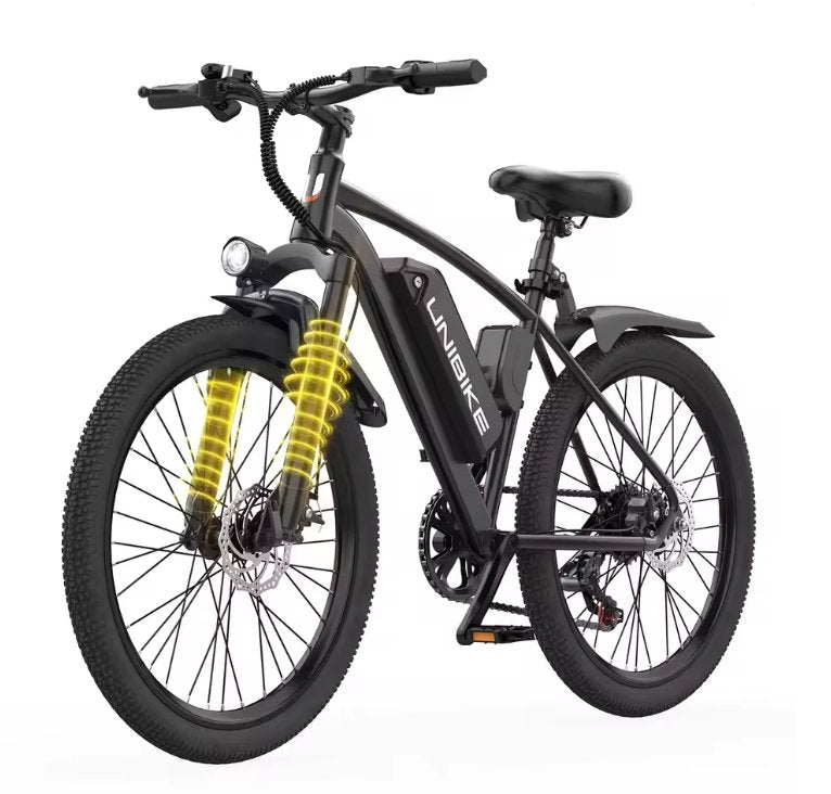 Black electric Aairsk Q7 bike with suspension forks animated on a white background
