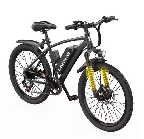 Black Aairsk Q7  electric bike with suspension forks animated on a white background