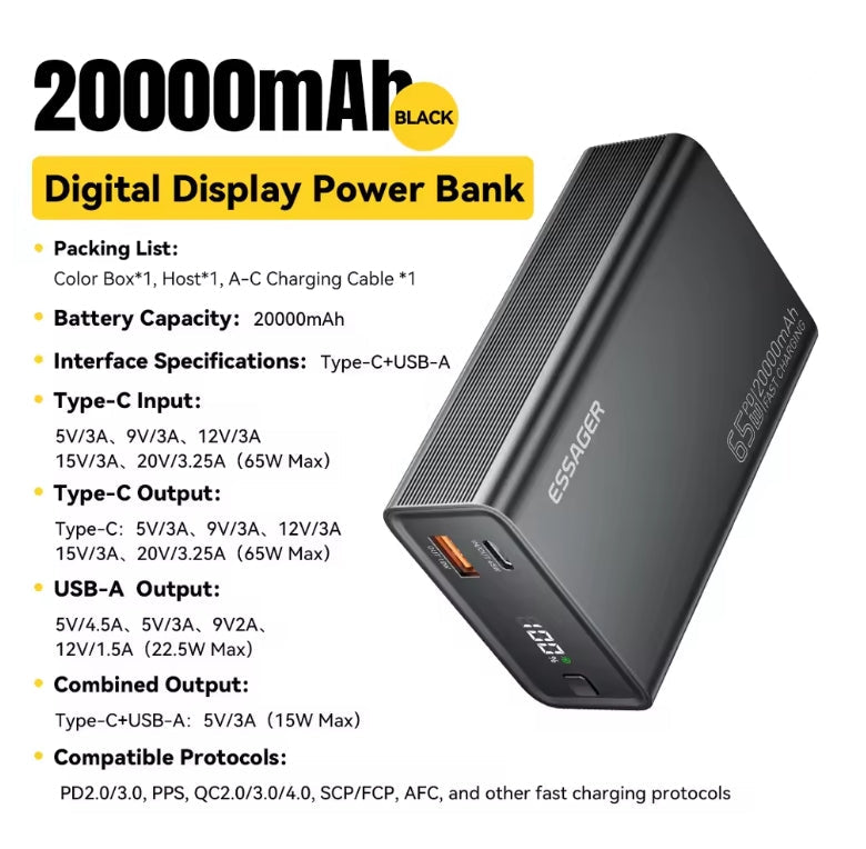A black ESSAGER 20000mAh digital display power bank shown on a white background with product specifications and a packing list printed in text.