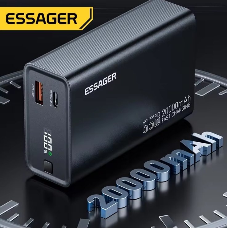 Essager power bank on a reflective surface with visible branding