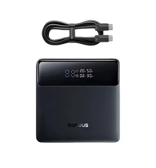 A black Baseus portable power bank with a digital display screen, shown with a matching black USB-C cable on a plain white background.