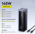 A 145W 20800mAh portable power bank shown on a light blue gradient background with product specifications listed on the left. The power bank is black and silver with a digital display, and a USB-C cable is shown in the lower right corner.