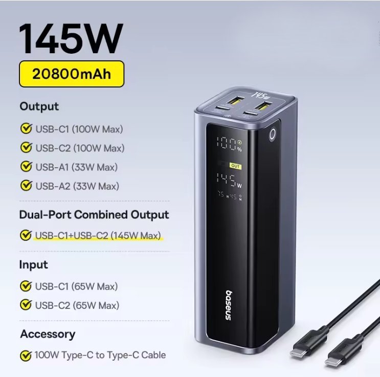 A 145W 20800mAh portable power bank shown on a light blue gradient background with product specifications listed on the left. The power bank is black and silver with a digital display, and a USB-C cable is shown in the lower right corner.