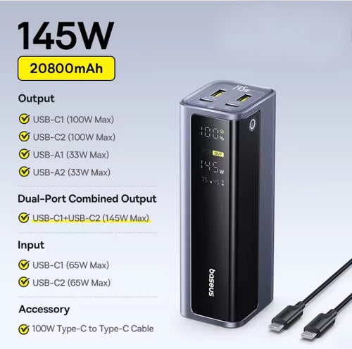 A 145W 20800mAh portable power bank shown on a light blue gradient background with product specifications listed on the left. The power bank is black and silver with a digital display, and a USB-C cable is shown in the lower right corner.