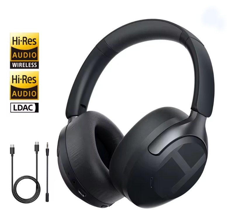 Black over-ear wireless headphones with a matching cable, shown on a white background with Hi-Res Audio Wireless and LDAC certification badges.